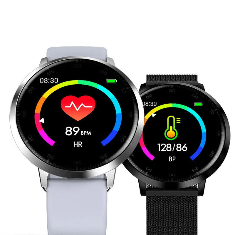 Ultra-thin black smart health bracelet with a 1.3-inch screen and silicone wrist strap on a wrist.