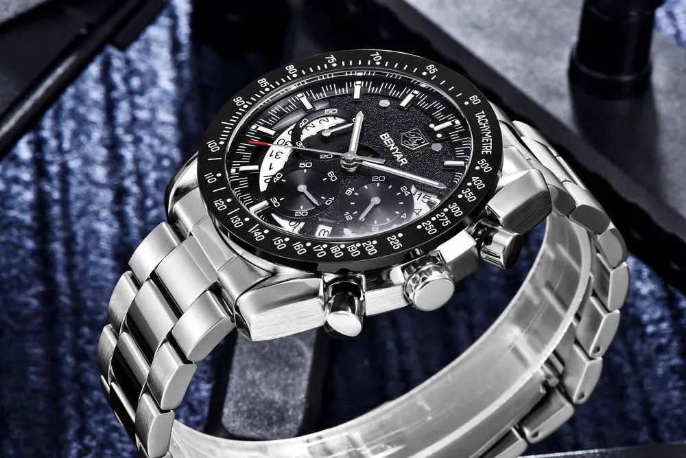 Quartz watch luminous display calendar date 45mm stainless steel strap round alloy case mineral glass