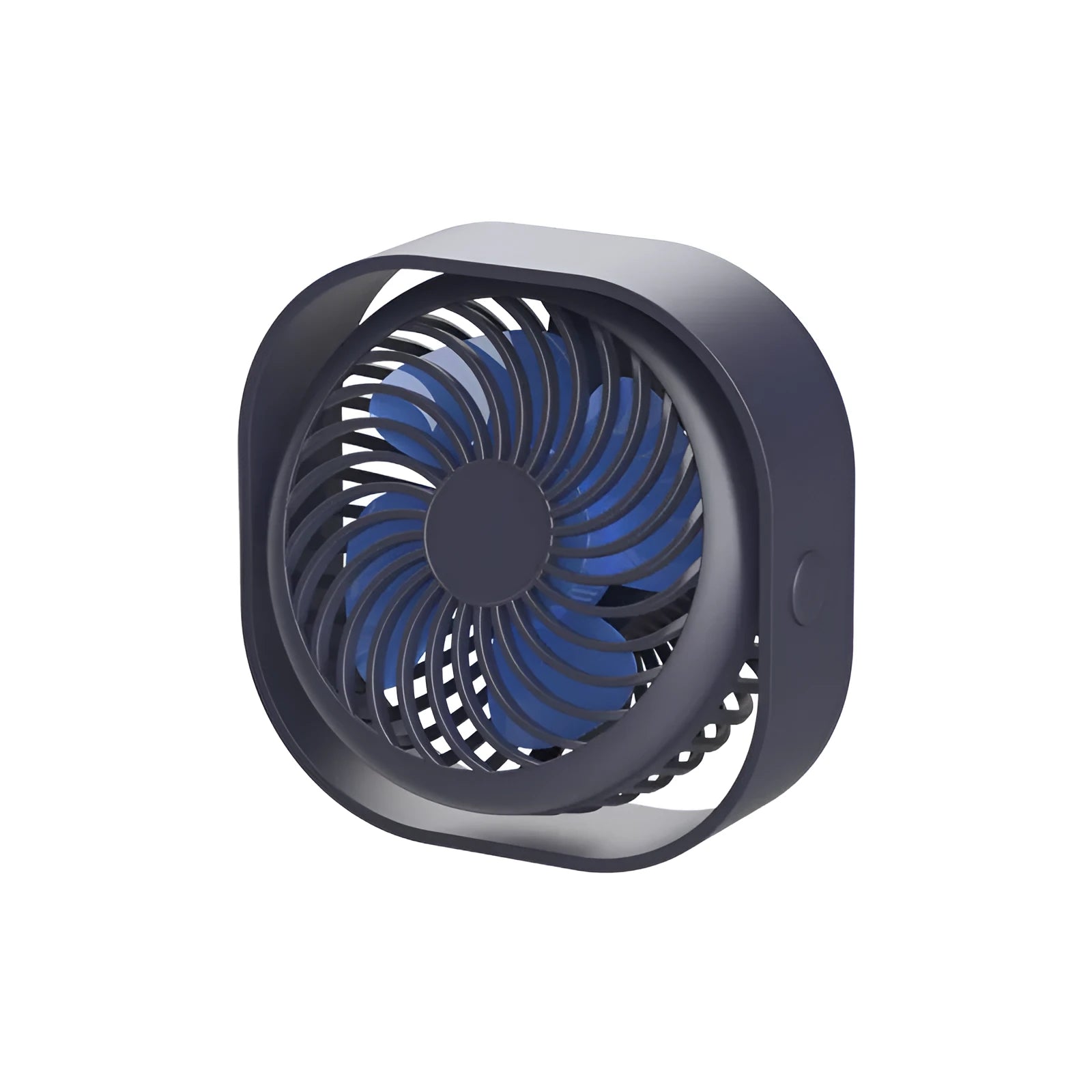 Compact USB desk fan in alarm clock style with blue colour finish, showing 360-degree rotation.