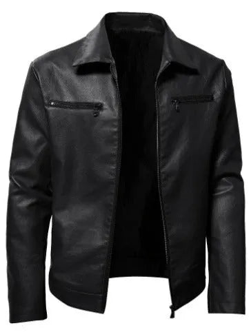 Winter business thermal zipper cardigan with decorative PU leather coat in black, front view