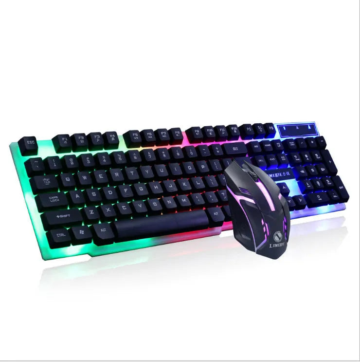 Limei Gtx300 black and white gaming keyboard and mouse set with backlight on desktop