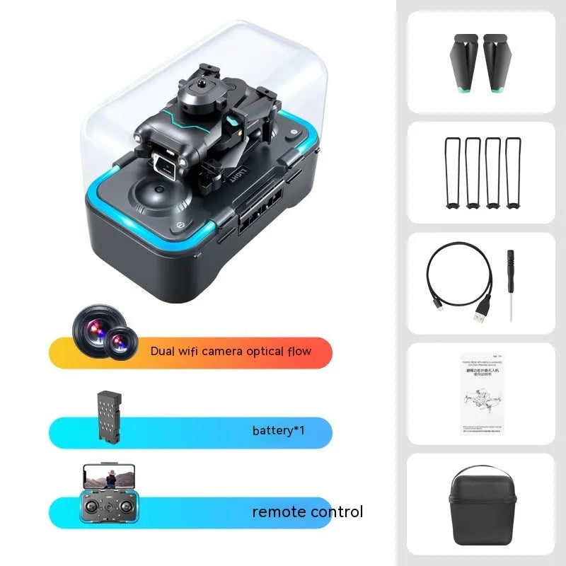 Black S96 obstacle avoidance drone with four-axis design and camera, measuring under 30cm for aerial photography