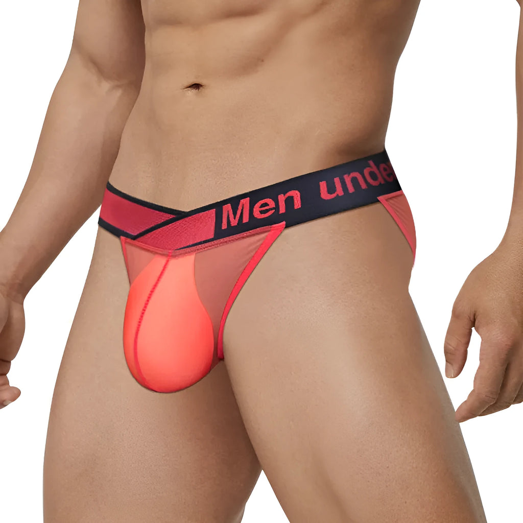 Men's black nylon underwear with a low waist and large V gradient high-cut design on a white background.