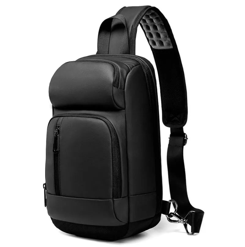 Black PVC outdoor leisure shoulder bag with air cushion strap and internal organisers
