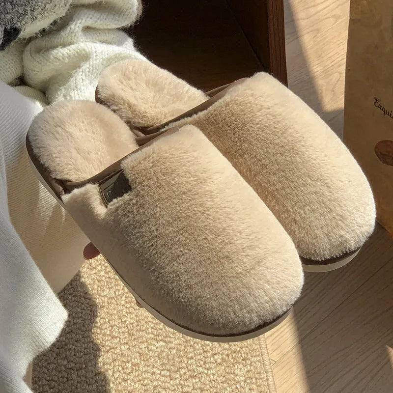 Solid colour plush winter slippers with non-slip PVC soles in blue, brown, coffee, pink or white