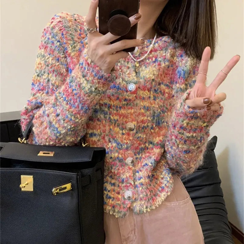 Retro style knitted rainbow sweater cardigan in pink and green ice cream colours
