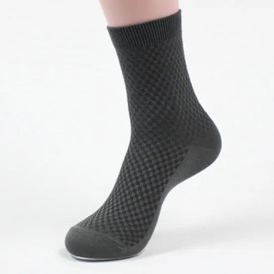 Men's bamboo fibre business socks in five neutral colours showing small square pattern