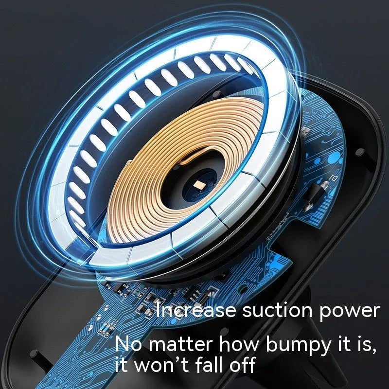 Black magnetic car wireless charger with 15W fast charging mounted on vehicle air vent