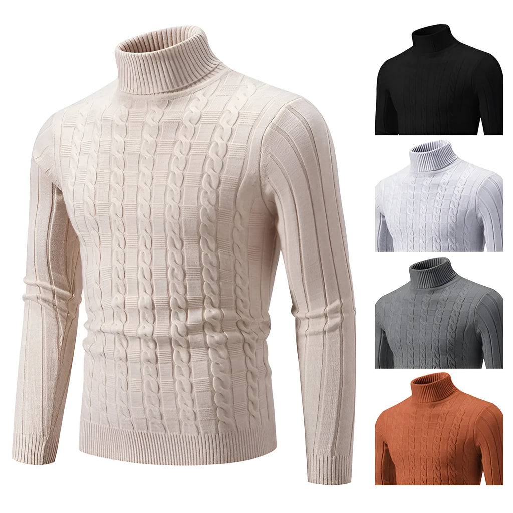 Men's slim fit chenille turtleneck pullover sweater in milky white colour showing front view
