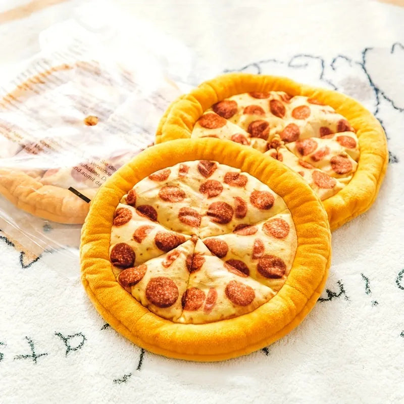Yellow pizza slice dog chew toy with teddy bear design on top