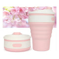 Collapsible silicone travel cup shown expanded and folded with leak-proof cover