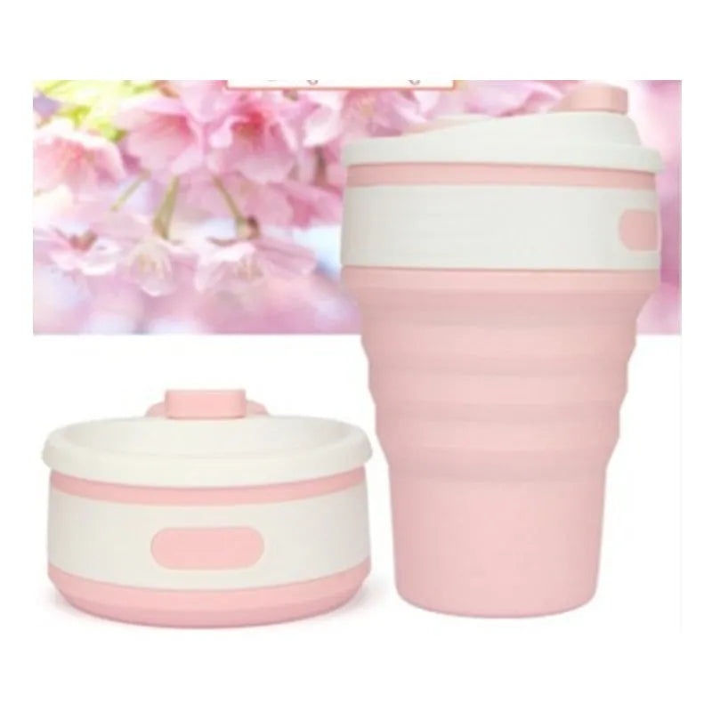 Collapsible silicone travel cup shown expanded and folded with leak-proof cover
