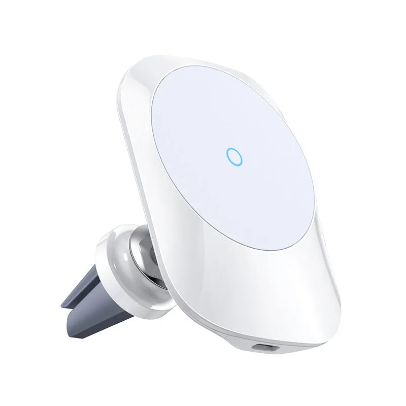 Black magnetic car wireless charger with 15W fast charging mounted on vehicle air vent
