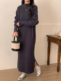 Acrylic knitted dress with high waist, long sleeves, and mid-length skirt in commuting style