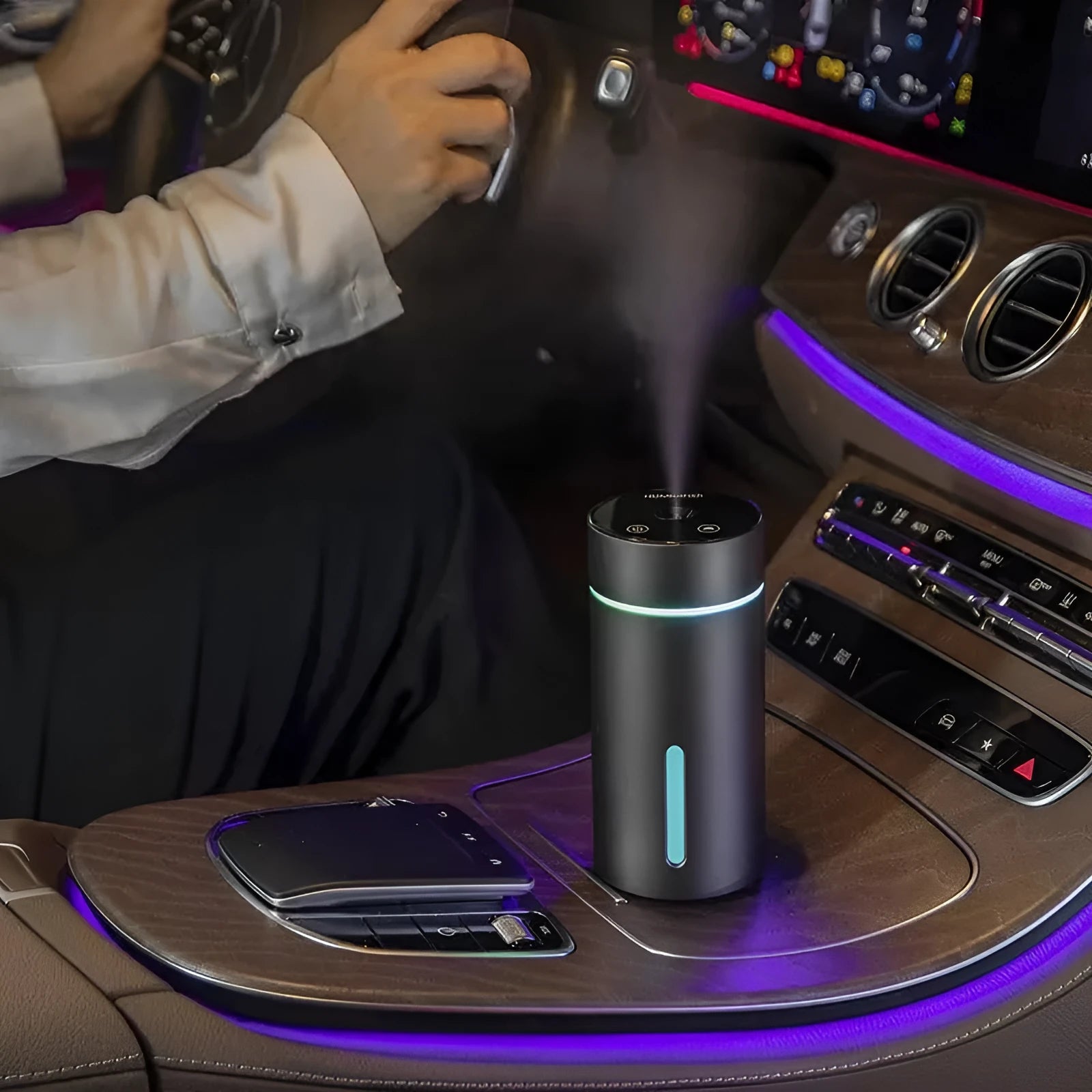 Aluminium car humidifier and essential oil diffuser with night light, 66mm diameter, 260ml capacity