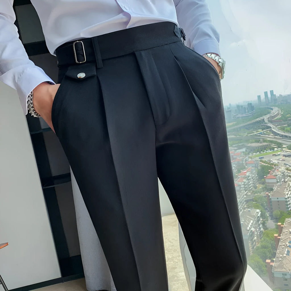 Straight leg casual trousers in polyester fibre available in multiple solid colours with 29-36 inch waist sizing