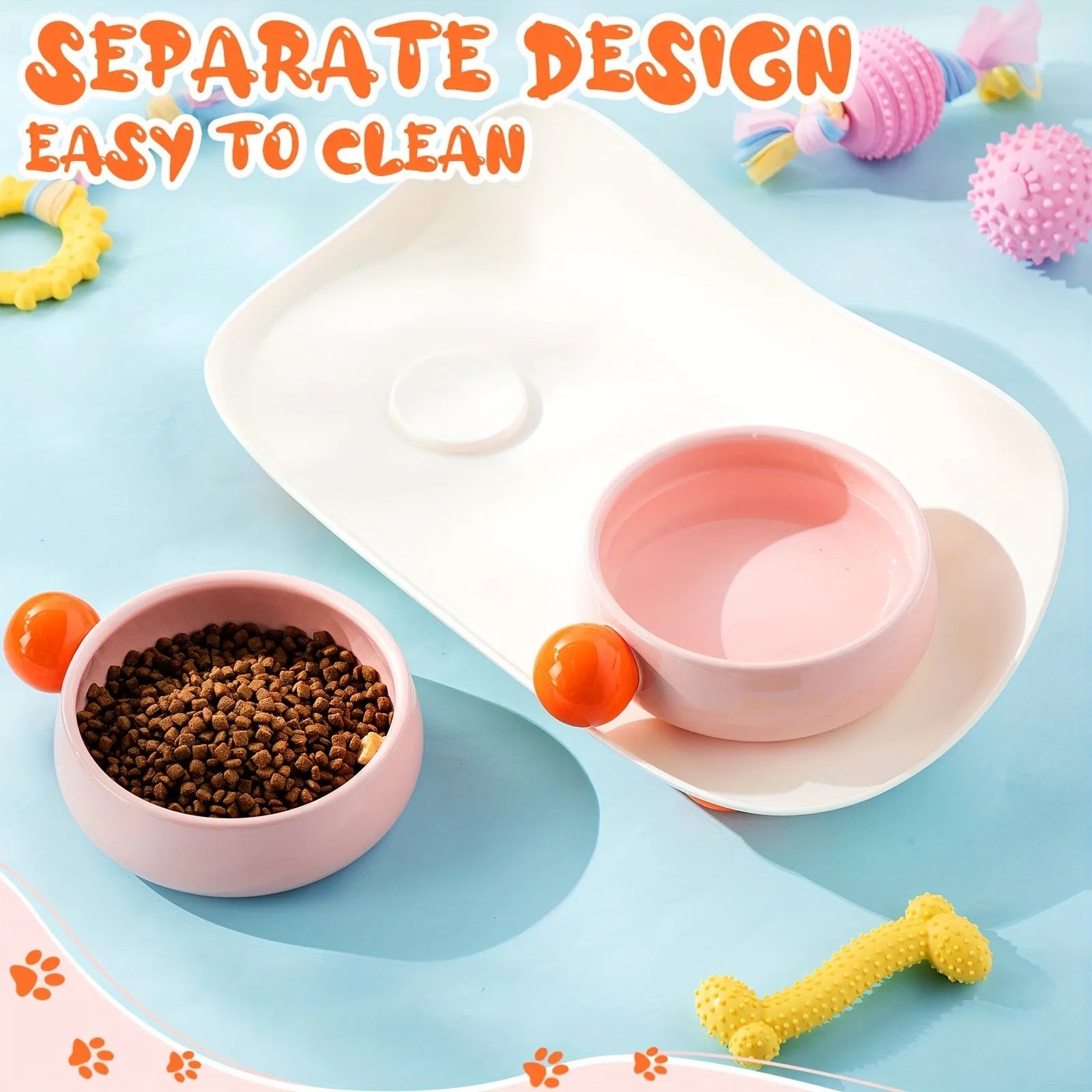 Ceramic raised pet bowl set with two bowls on non-slip silicone base for cats and small dogs