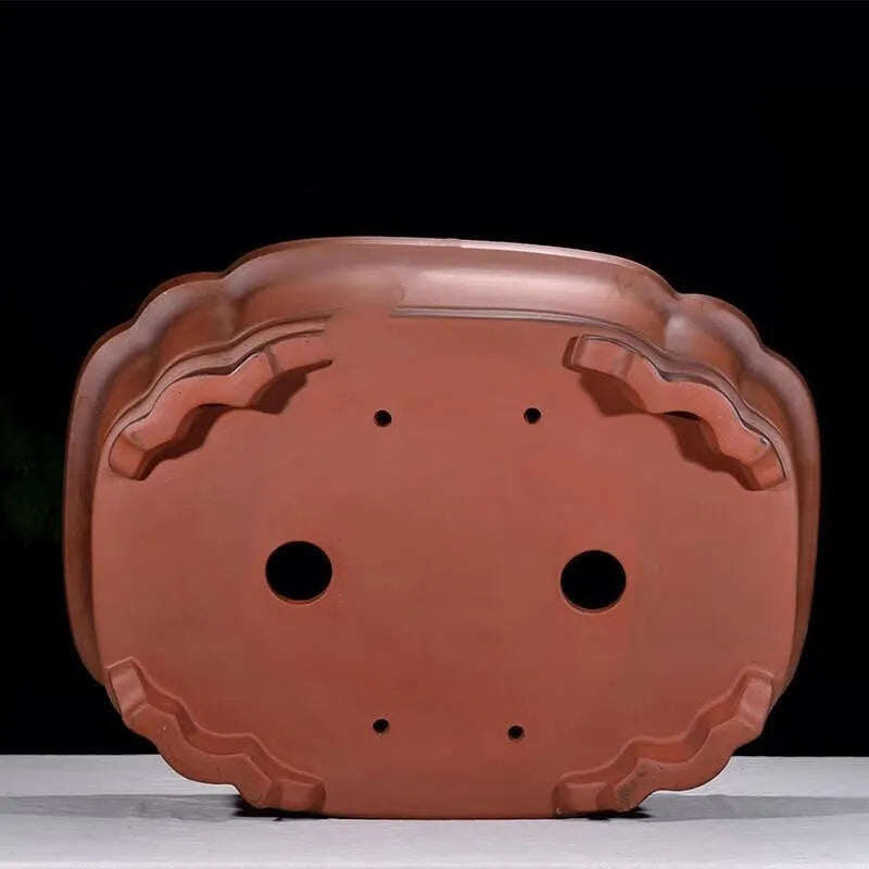 Large rectangular purple clay flowerpot with antique jade finish and Chinese crabapple carvings