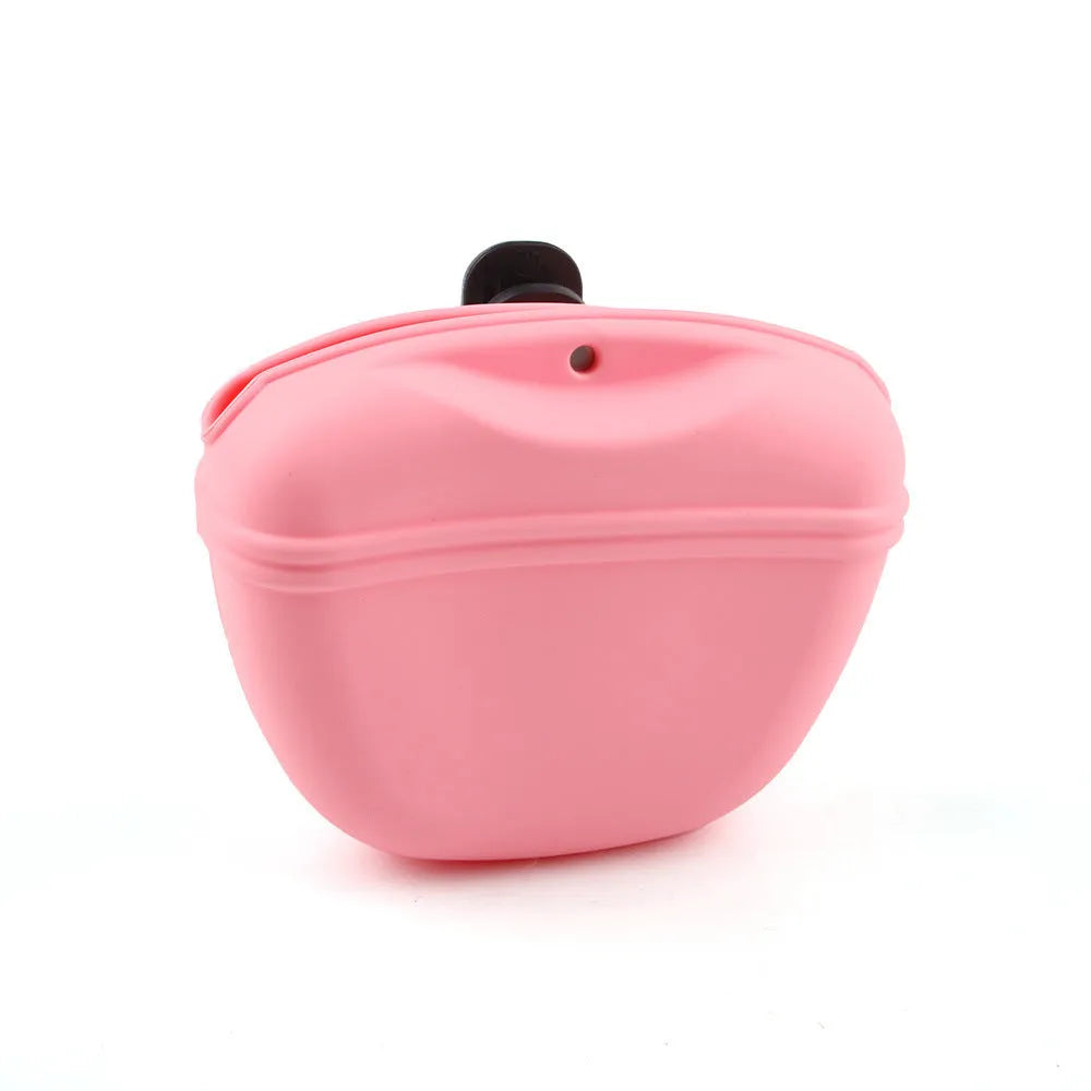 Silicone dog training treat pouch with belt clip and magnetic closure, shown in assorted colours.
