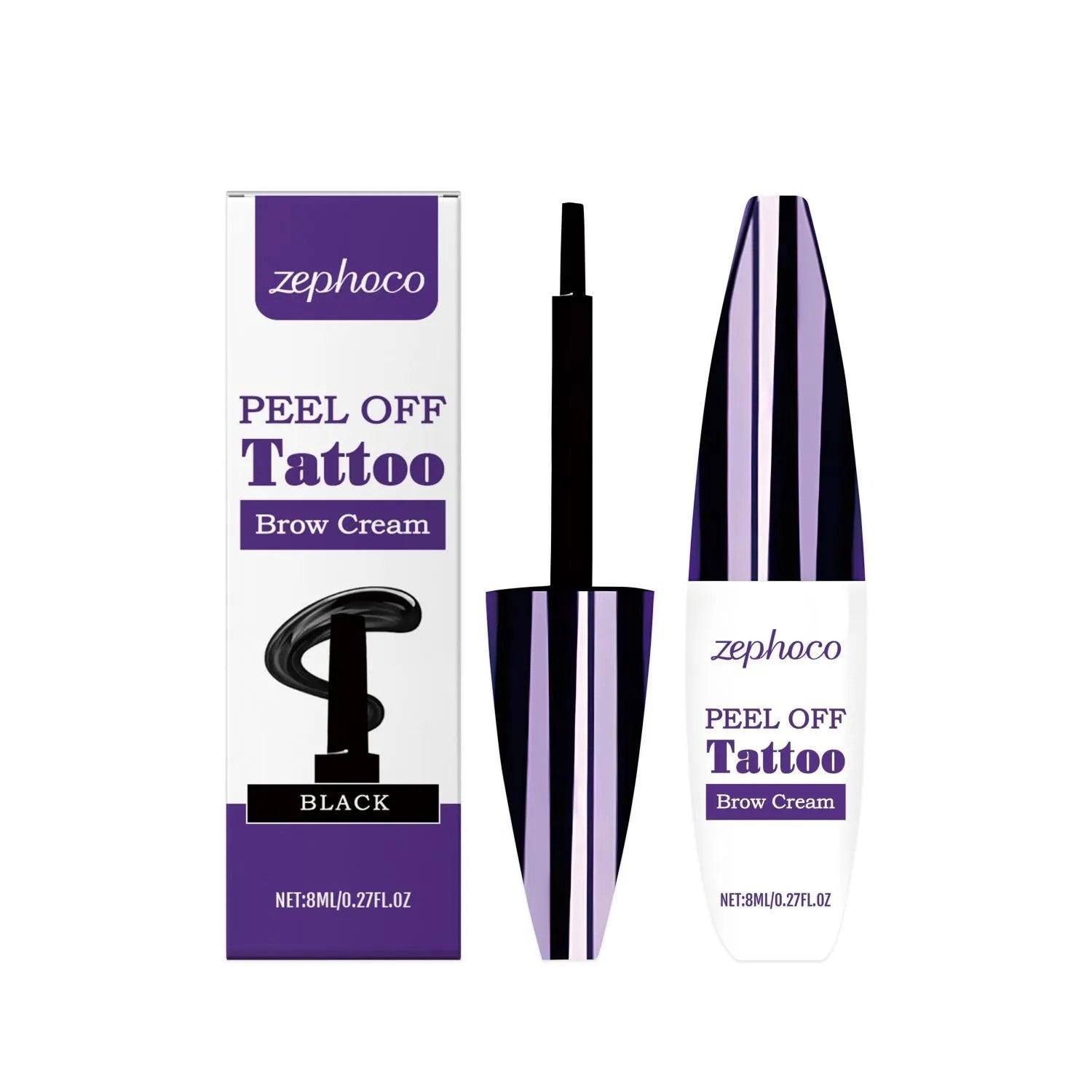 Liquid eyebrow pencil with tearable tip shown in black, brown, and light brown shades.