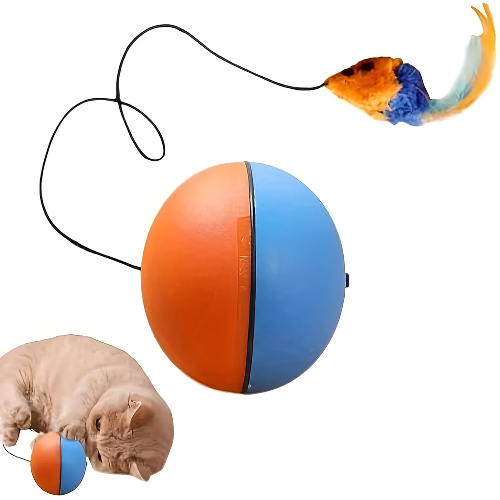 Blue and orange interactive cat toy ball with plush mouse attachment measuring 8.5*8.5*9 cm