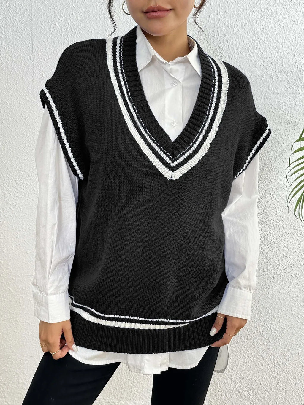 Women's loose fit college-style vest sweater in acrylic blend fabric