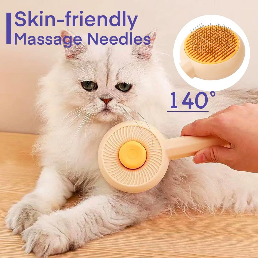 Blue and yellow pet grooming brush with metal pins and a self-cleaning button for cats and dogs.