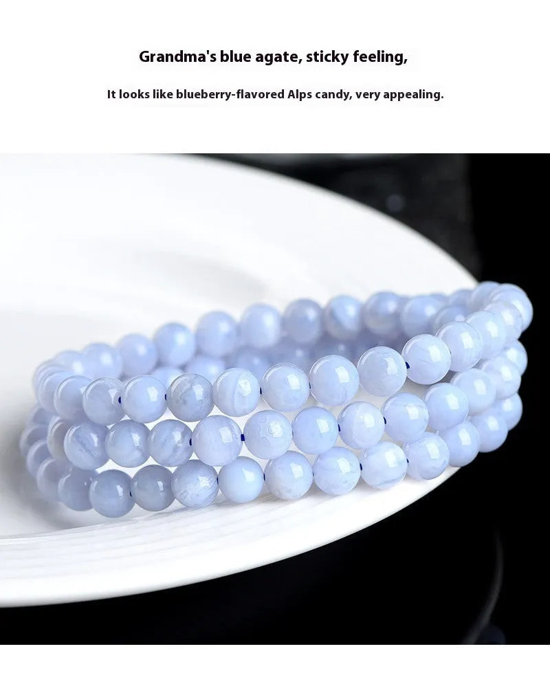 Blue agate bracelet with natural striped patterns, 6-6.8mm scattered beads featuring Ruyi design elements