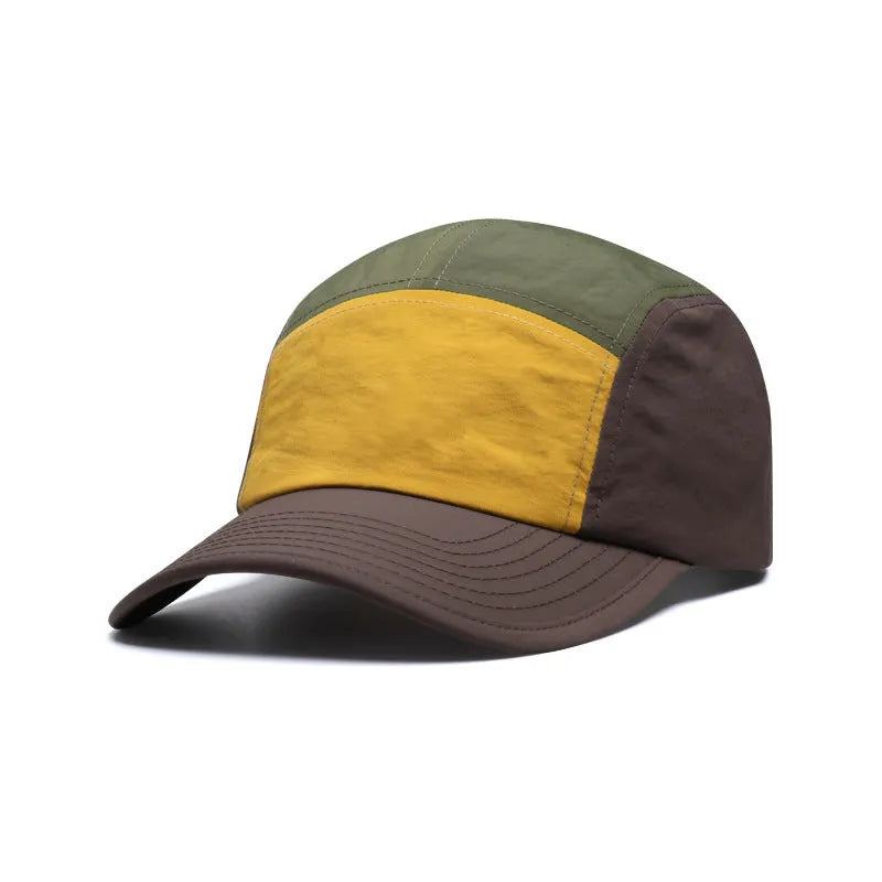Men's curved brim baseball cap in khaki green orange yellow colours with five-piece structured design