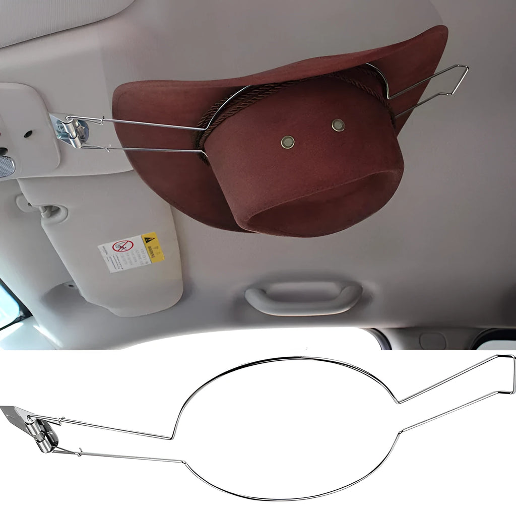 Brown car hat stand with a chrome metal coat hook for organising hats and coats inside a vehicle.