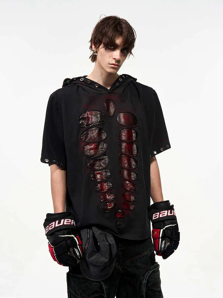 Black men's hooded T-shirt with sequin detailing, loose fit, short sleeves