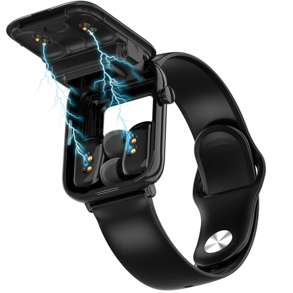 Black smart watch with integrated Bluetooth earbuds showing 1.69 inch touch screen display