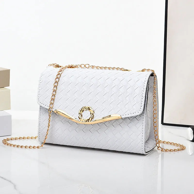 Women's PU chain shoulder messenger bag, solid colour, clamshell opening, with weave detail, available in black pink purple white