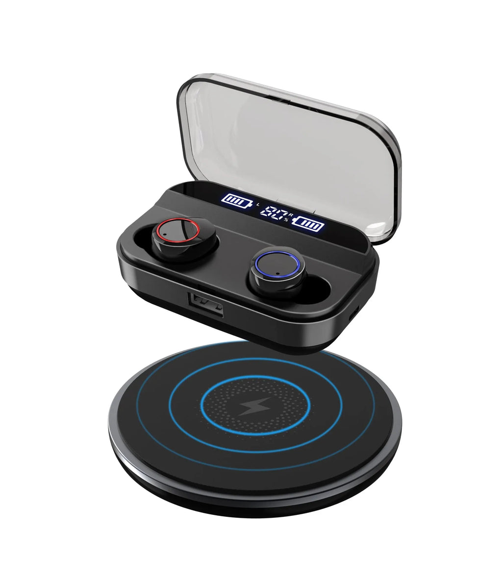 X11 Bluetooth wireless earphones in black with charging case and earpiece sleeves