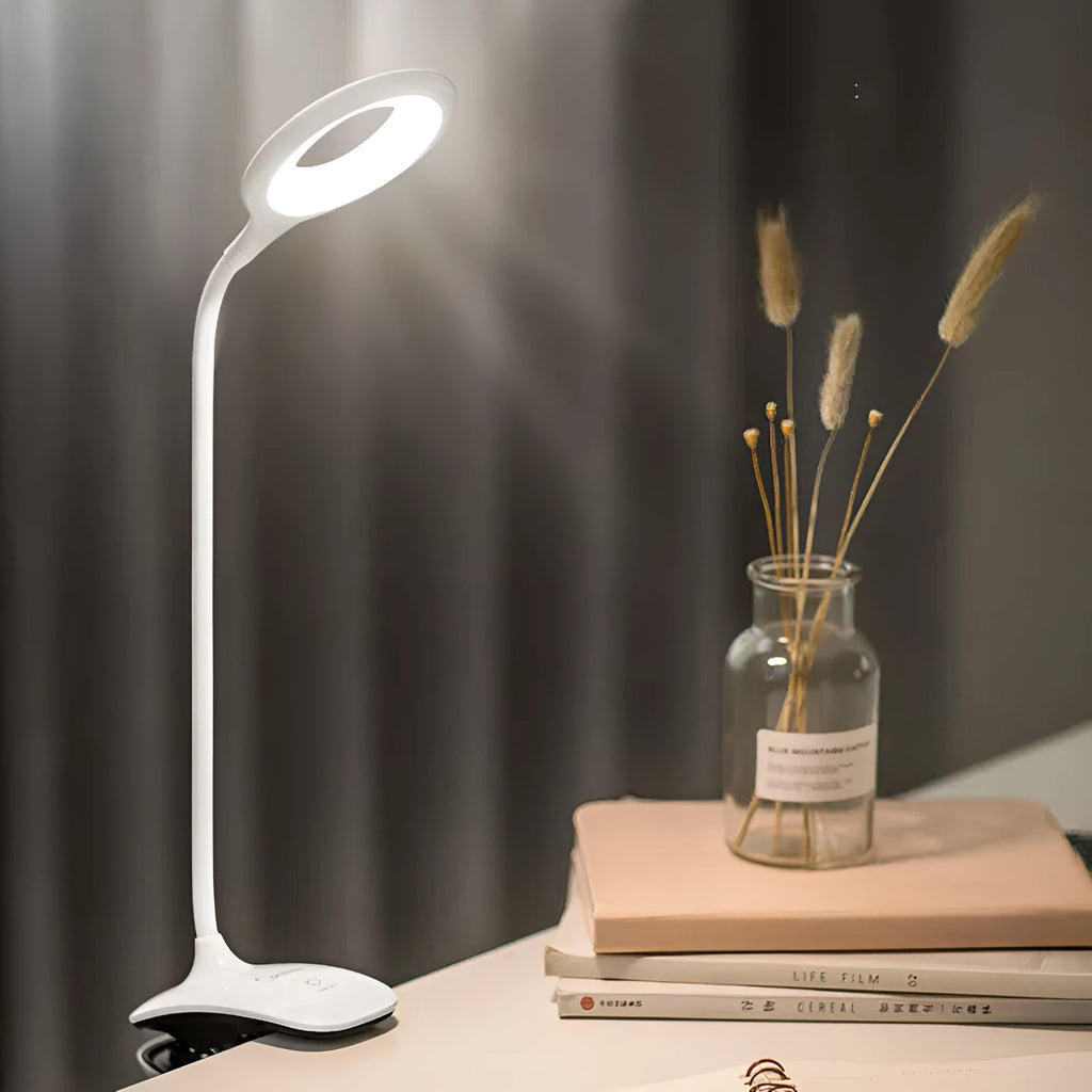 Green USB rechargeable touch table lamp with LED light on a wooden desk.