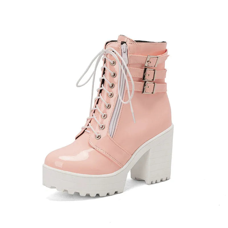 Women's black thick-heeled short boots with lace-up front, round toe, and waterproof platform sole