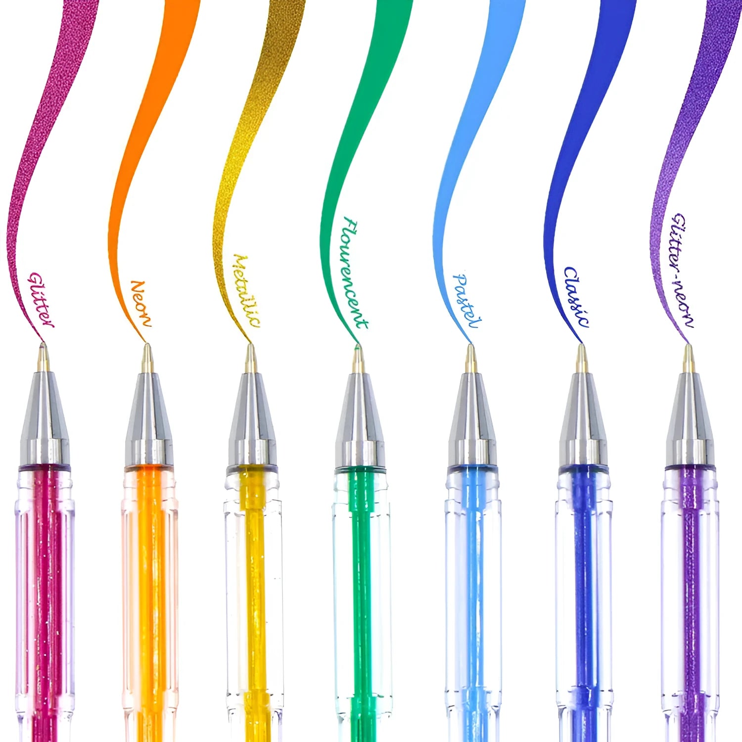 100-colour gel pen set with plastic barrels in assorted colours showing 0.5mm and 1mm tip sizes