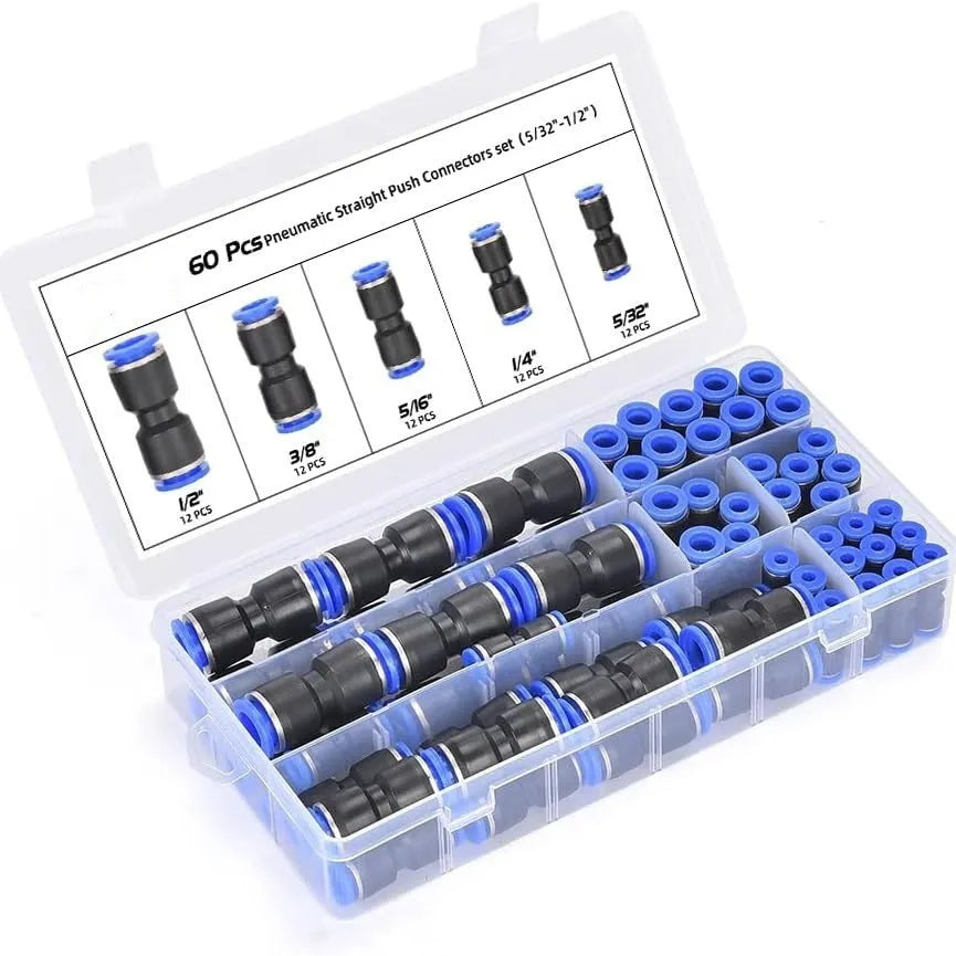 60-piece alloy plastic pneumatic push-in connector set with R1/4 and R1/2 inch threads