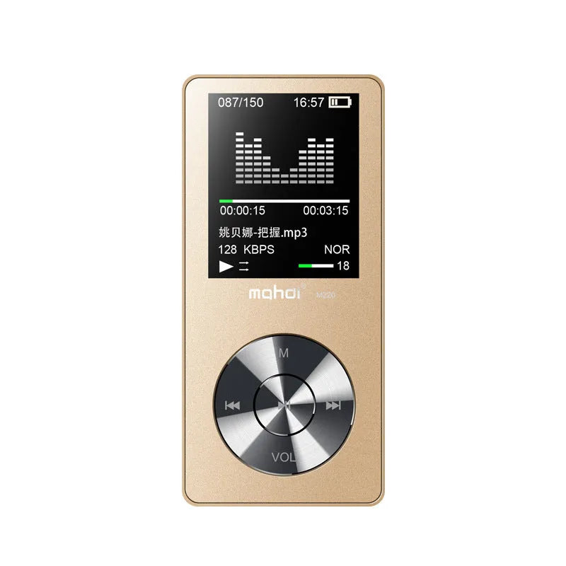 Portable gold metallic MP3 music player with a 1.8-inch colour screen and key-based controls.