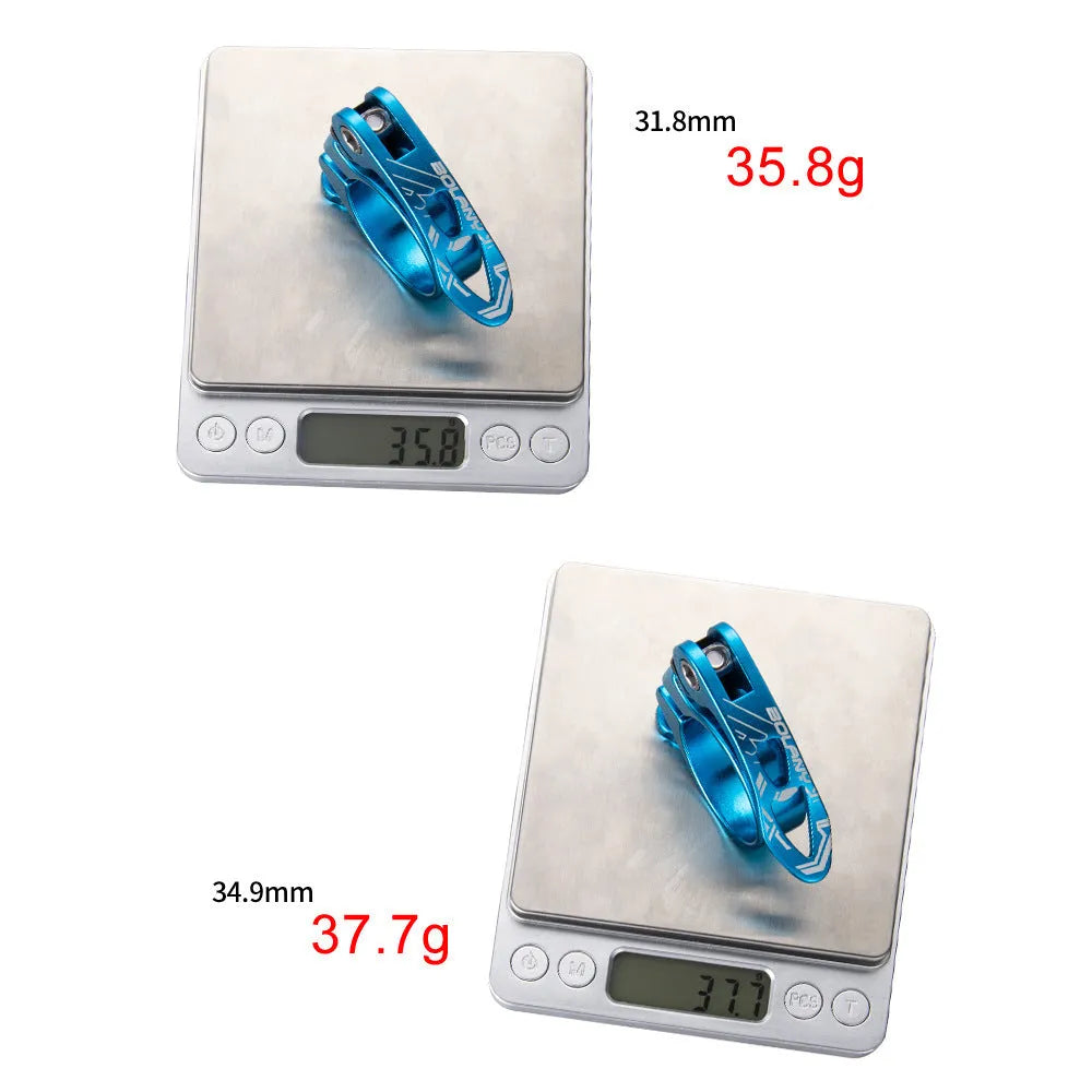 Aluminium alloy mountain bicycle seat post clamp in black, red, gold or blue, showing 31.8mm and 34.9mm size options.