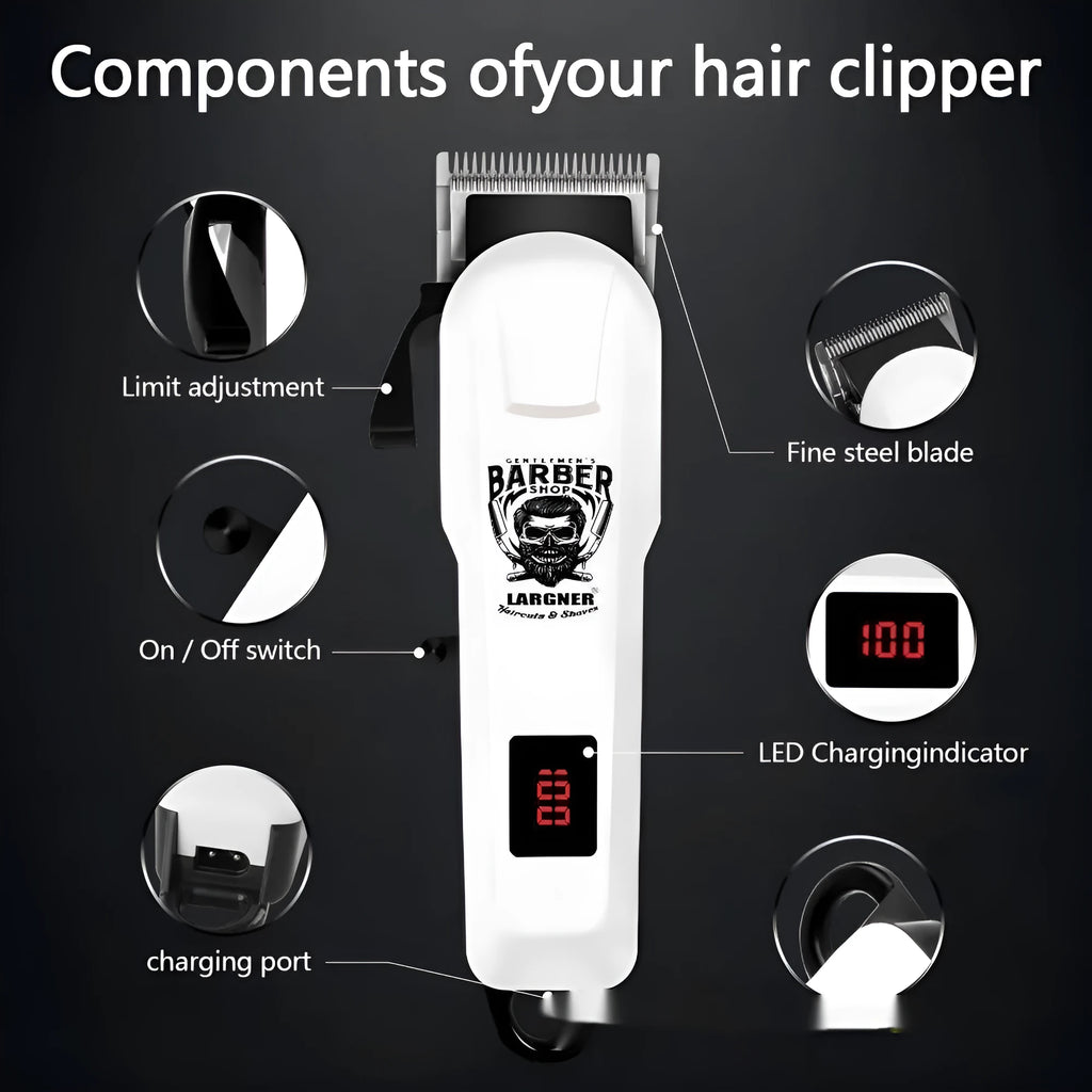 Rechargeable hair clipper with stainless steel head, USB cable, and 4 attachments on a white background.