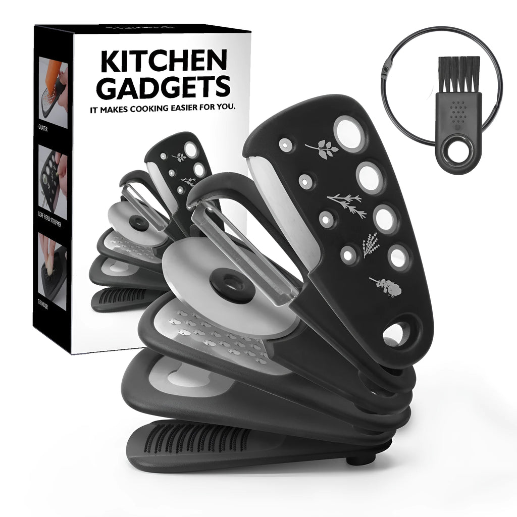 Six stackable kitchen gadget utensils and a cleaning brush in a colour box