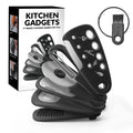 Six stackable kitchen gadget utensils and a cleaning brush in a colour box