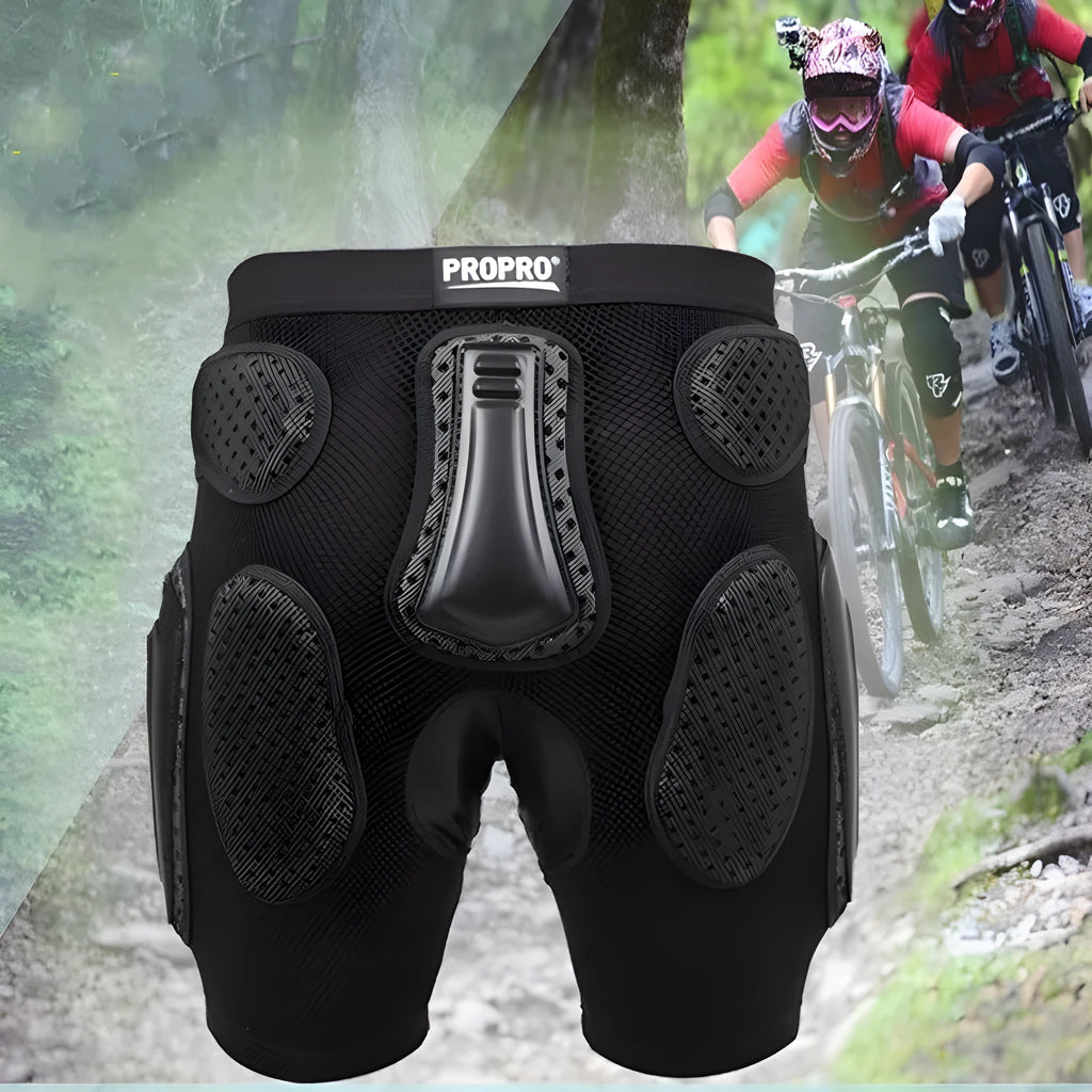 Black cycling hip protection pants with adjustable waistband and side-release buckle.
