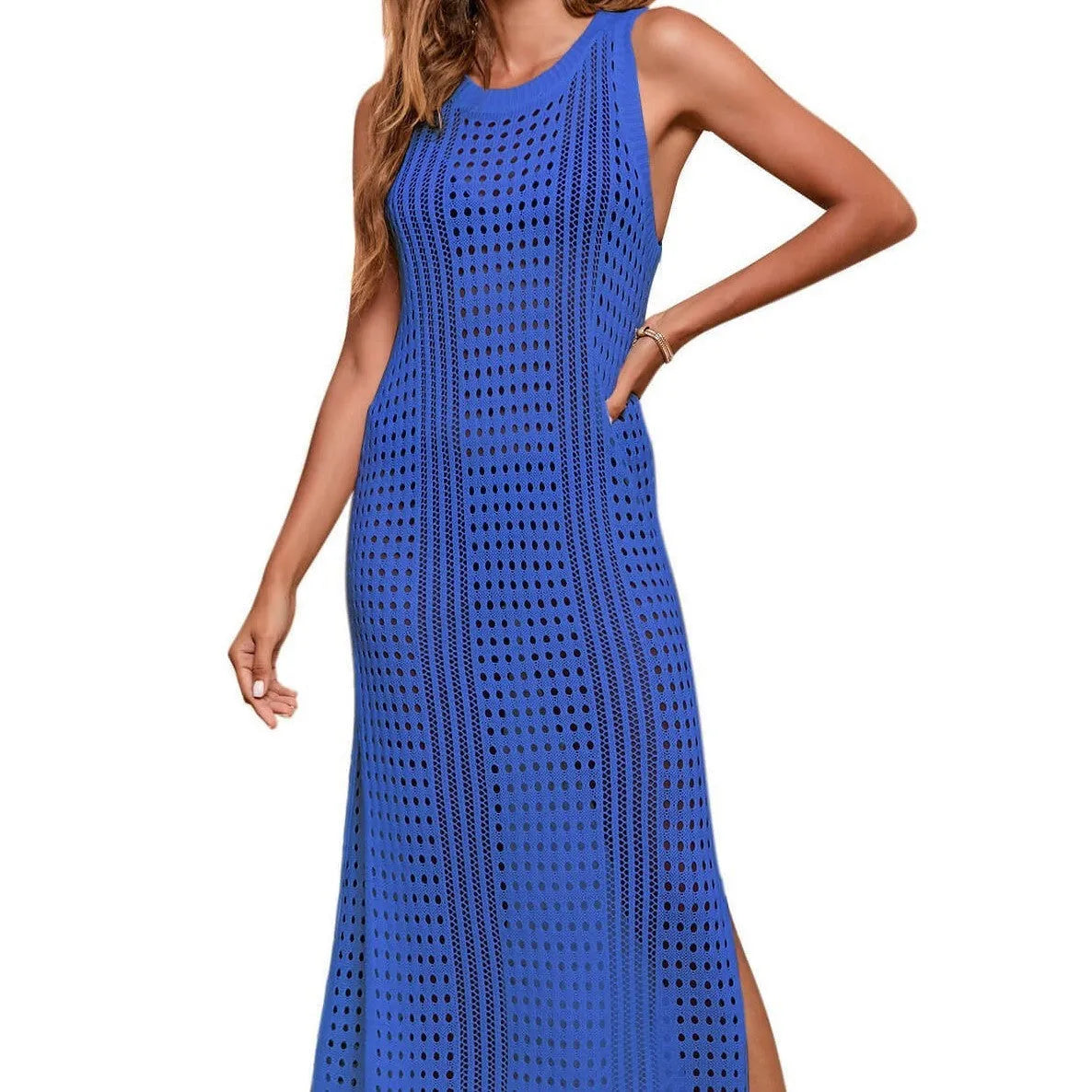Women's loose green hollow-out knitted beach blouse for swimming cover-up.