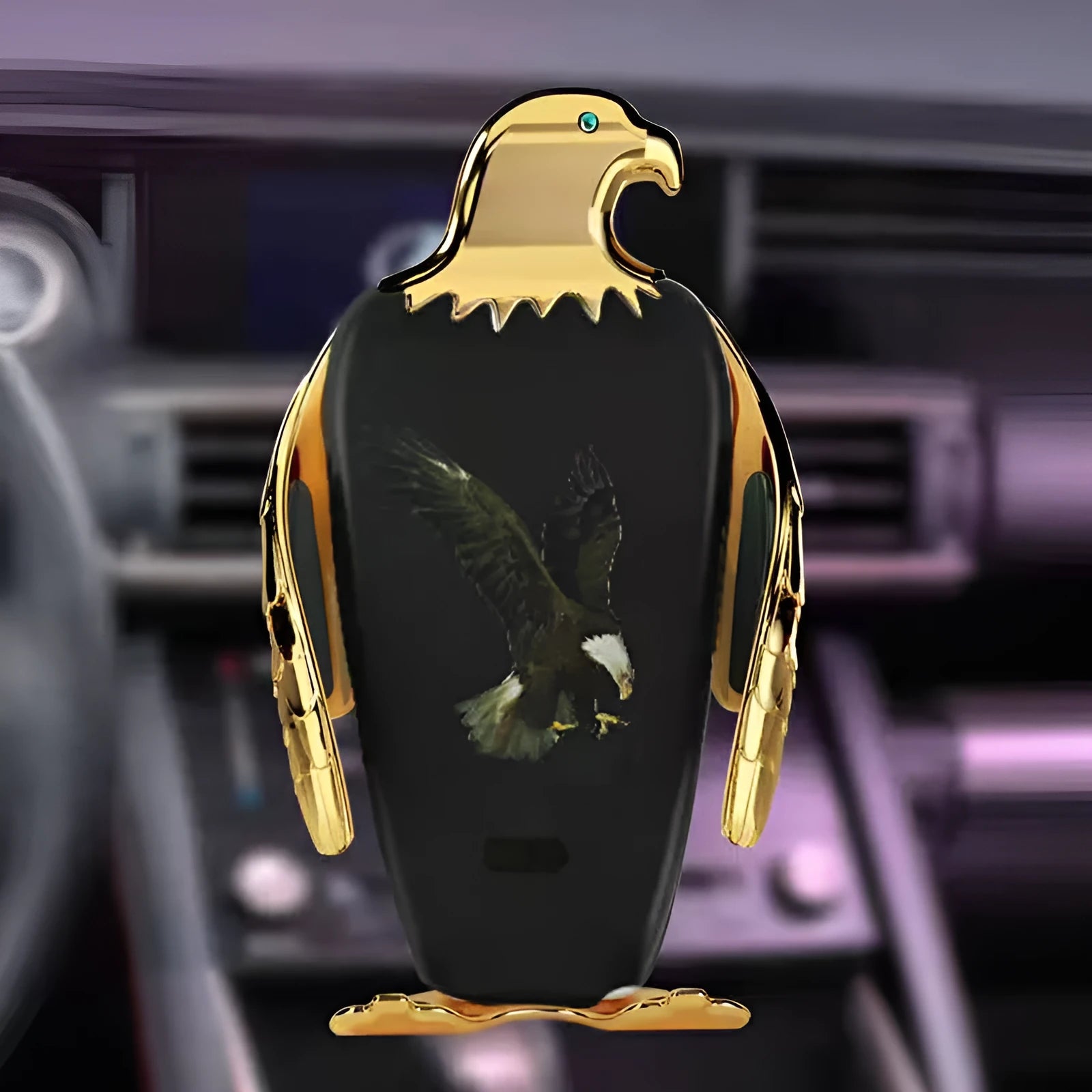 Wireless charging car phone holder in Eagle style with suction cup mount.