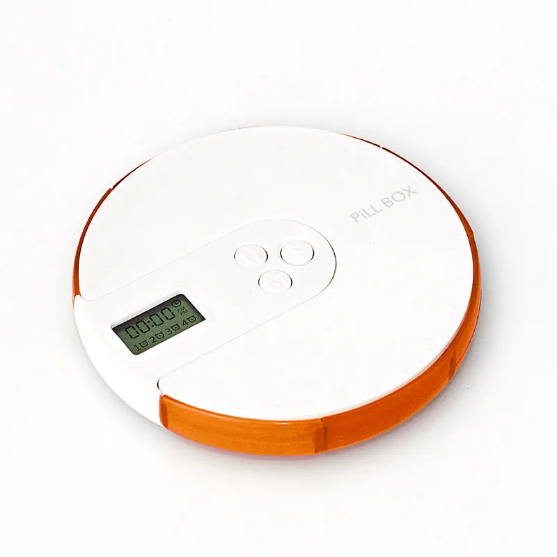 7-compartment alarm clock pill dispenser showing colourful options and compact 11 cm design