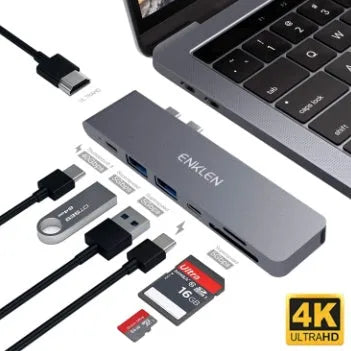 Slim aluminium USB-C hub adapter with SD card slot, HDMI, USB 3.0, and USB-C ports