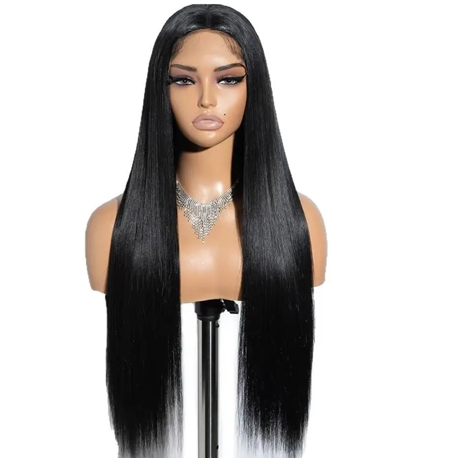 Long straight glueless human hair wig with lace front and side bangs, shown in various lengths.