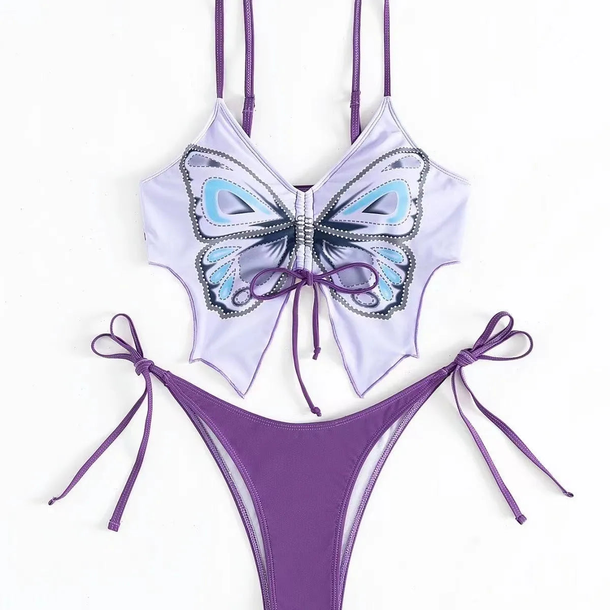 Women's purple bikini swimsuit with bow detail and split-style briefs on a mannequin.